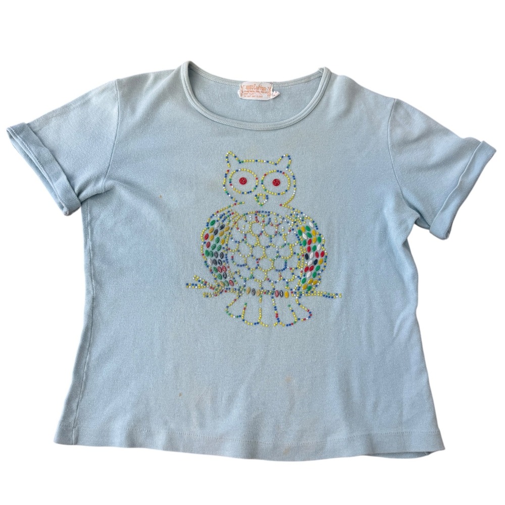 Vintage 70s Beaded Owl T Shirt Studded Novelty Baby Tee Hippie Boho Blue L